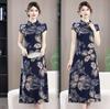 Ice Silk Floral Qipao Collar Lace-up Mid-length Summer Dress for Women