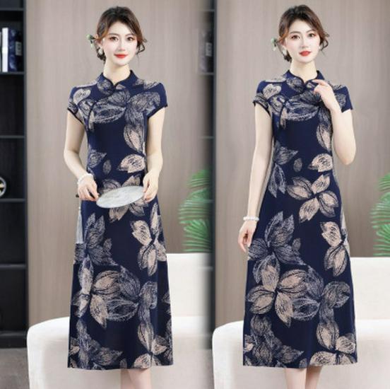 Ice Silk Floral Qipao Collar Lace-up Mid-length Summer Dress for Women XL