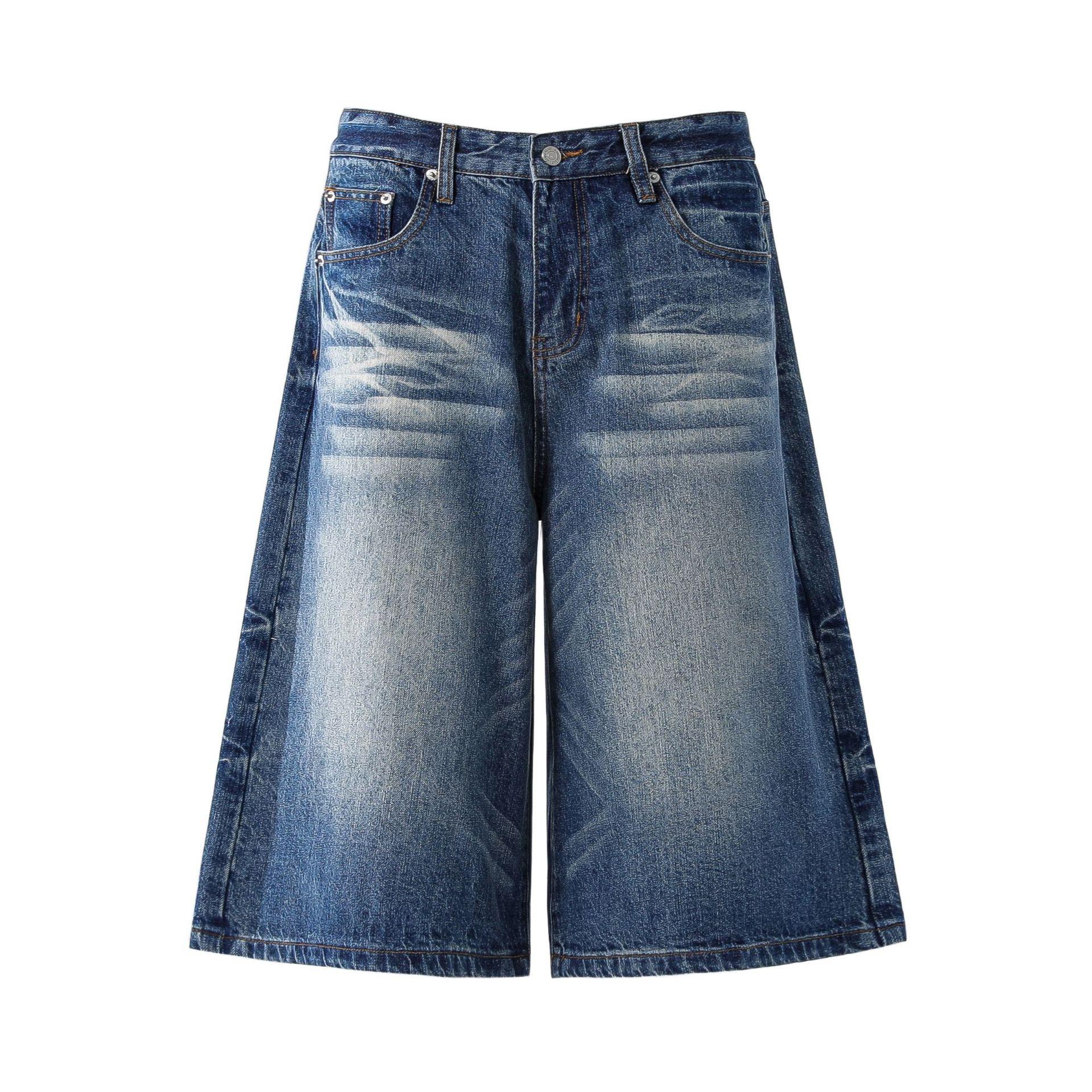 European and American denim medium pants men s American trendy brand washed denim cropped pants loose wide-leg cropped pants S