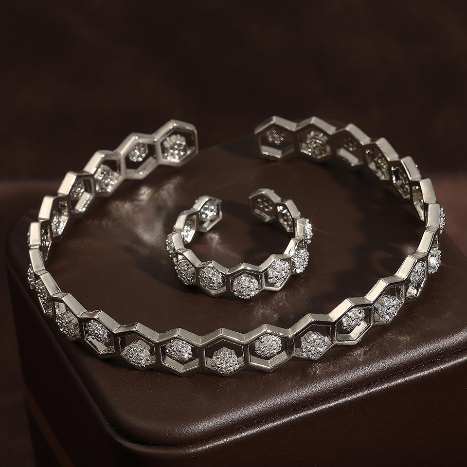 Htpwe Copper Metal Honeycomb Hexagonal Hollow Opening Bracelet Ring Set For Women 18k Gold Couple Holiday Gift Set Party Zircon