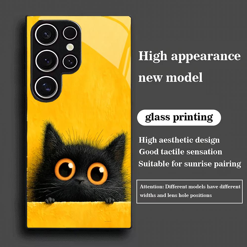 Cute cat tempered glass phone case suitable for Samsung Galaxy S26 S25 S24 S23 S22 S20 FE/Ultra/Plus anti fall back cover