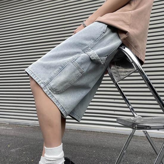 Men Denim Shorts Elastic Drawstring Waist Wide Leg Pockets Shorts with Straight Solid Color Casual Shorts Streetwear