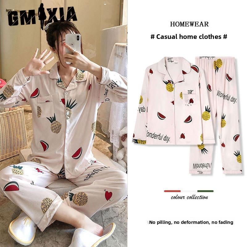 

GMXIA Pajama Women s Spring and Autumn Lapel Long-sleeved Sweet Cardigan Sweet Cartoon Student Ins Home Wear Set XXL