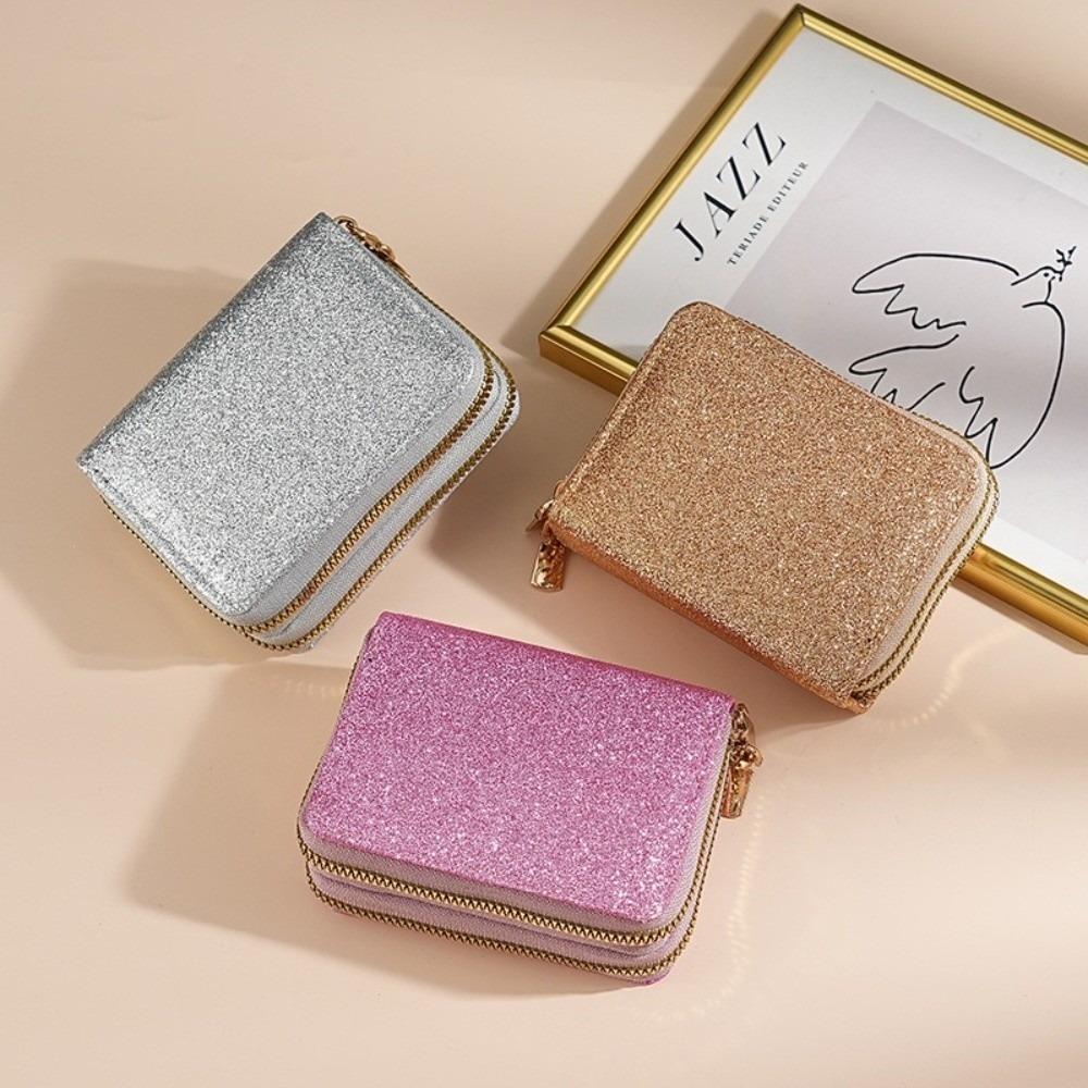 Portable Mini Size PU Wallet Starry Shiny Double Zipper Organ Card Bag Solid Color Multi-card Slot Coin Purse for Women