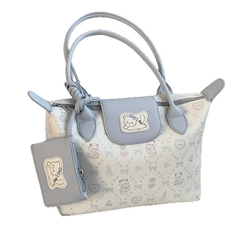 Korean Version of Summer Blue Kitten Print Handbag Bag for Women 2025 New Fashion Tote Bag Large Capacity Underarm Bag