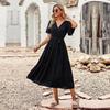 Summer Elegant V Neck Pleated A Line Dress for Women Short Sleeve Solid Color Chest Wrap