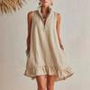 Damen ärmellos Halb-Reißverschluss Stehkragen Leinen Mini-Kleid Lockerer Schnitt Seitentaschen Rüsche Unregelmäßiger Saum Lässig Sommer Strand Urlaub Kurzes Kleid