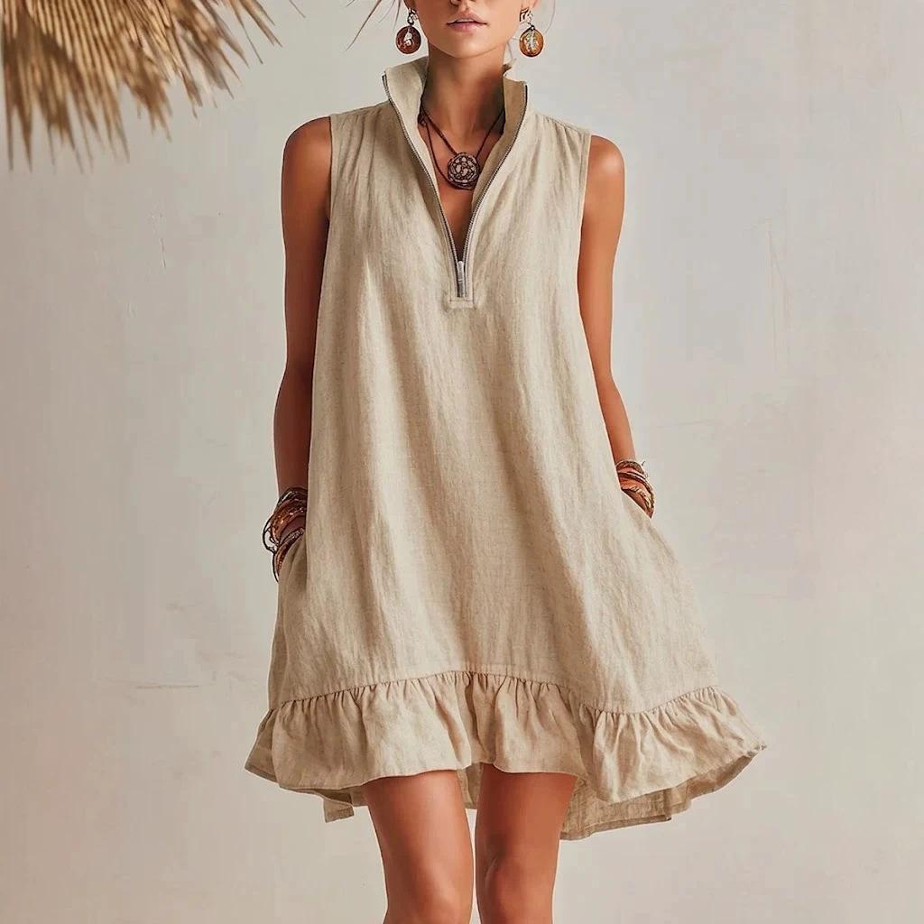 Damen ärmellos Halb-Reißverschluss Stehkragen Leinen Mini-Kleid Lockerer Schnitt Seitentaschen Rüsche Unregelmäßiger Saum Lässig Sommer Strand Urlaub Kurzes Kleid