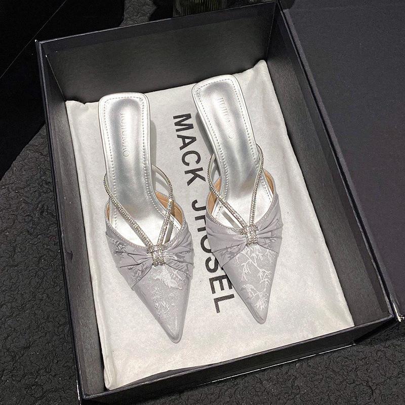 2025 New Chinese Style Satin Pointed Drill Belt Thin Heel Pointed Bag Head Wrinkled Half-drag Temperament Women's Heels