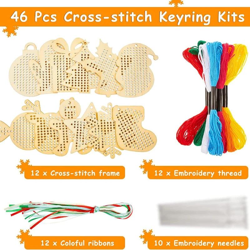 46-teiliges DIY Weihnachtsbaum Stickset - Hellblau/Weiß/Gelbes Holzornament-Set - die perfekte Wahl für Weihnachtsdekorationen