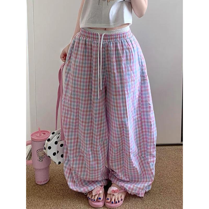 Kadın Pembe Oversize Ekose Pantolon Harajuku Bol Eşofman Altı 2000'ler Y2k Vintage Sokak Giyimi Japon Pantolonları Sonbahar Kıyafetleri