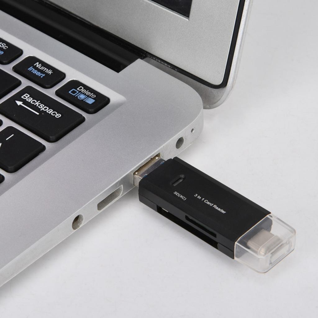 New Multifunctional 3 In 1 TypE C Micro USB Card Reader High Speed Transmission (Black)