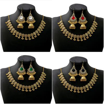 Exaggerated Diamond-Set Jewelry Set, Retro Bohemian Round Earrings, Rice Beads, Pendant Necklace.