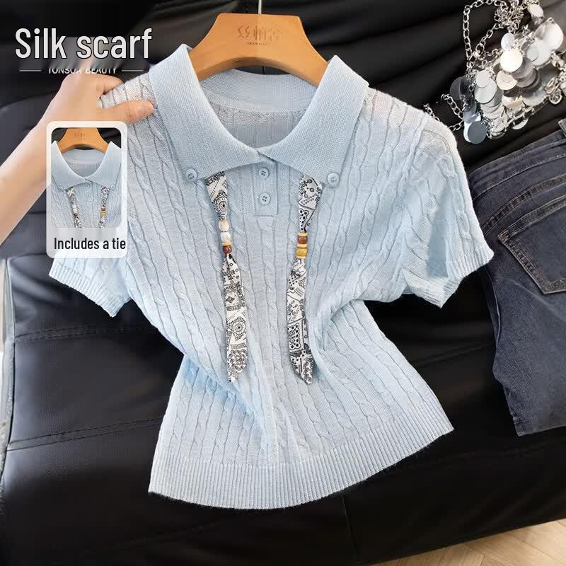 Женская модная вязаная футболка с лацканами One Size