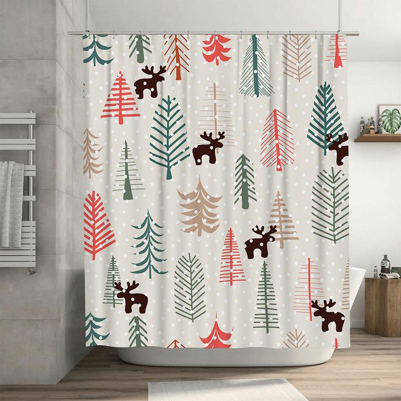 

Tu Christmas Forest Shower Curtain Woodland Trees Holiday Backdrop Nature Bathroom Decor Festive Deer Pattern Washable Fabric W60H190(CM)-1 Pcs