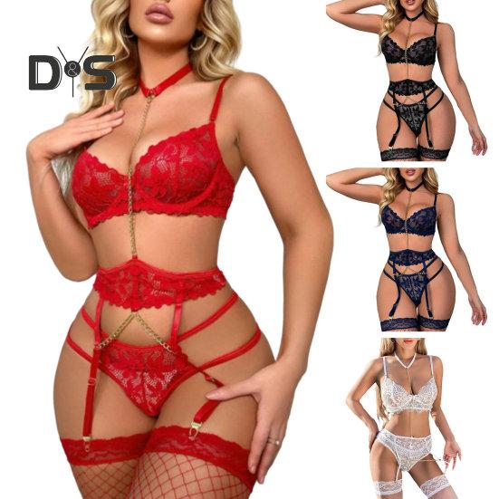 1 Set Sexy Bra Panties Garter Set Hollow Out See-through Lace Multi Strap High Waist Chain Decor Fishnet Elastic Thin Halter Neck Honeymoon Wedding