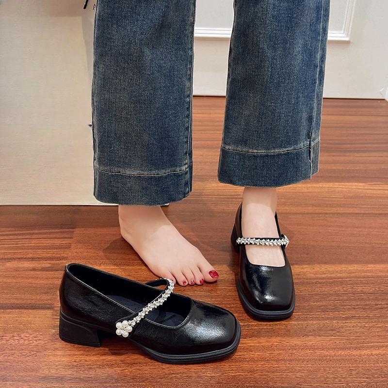 Fashion Square Heel Single Shoes Women's Autumn New Square Toe Shallow Mouth Crystal Strip Non-slip Block Heel Shoes