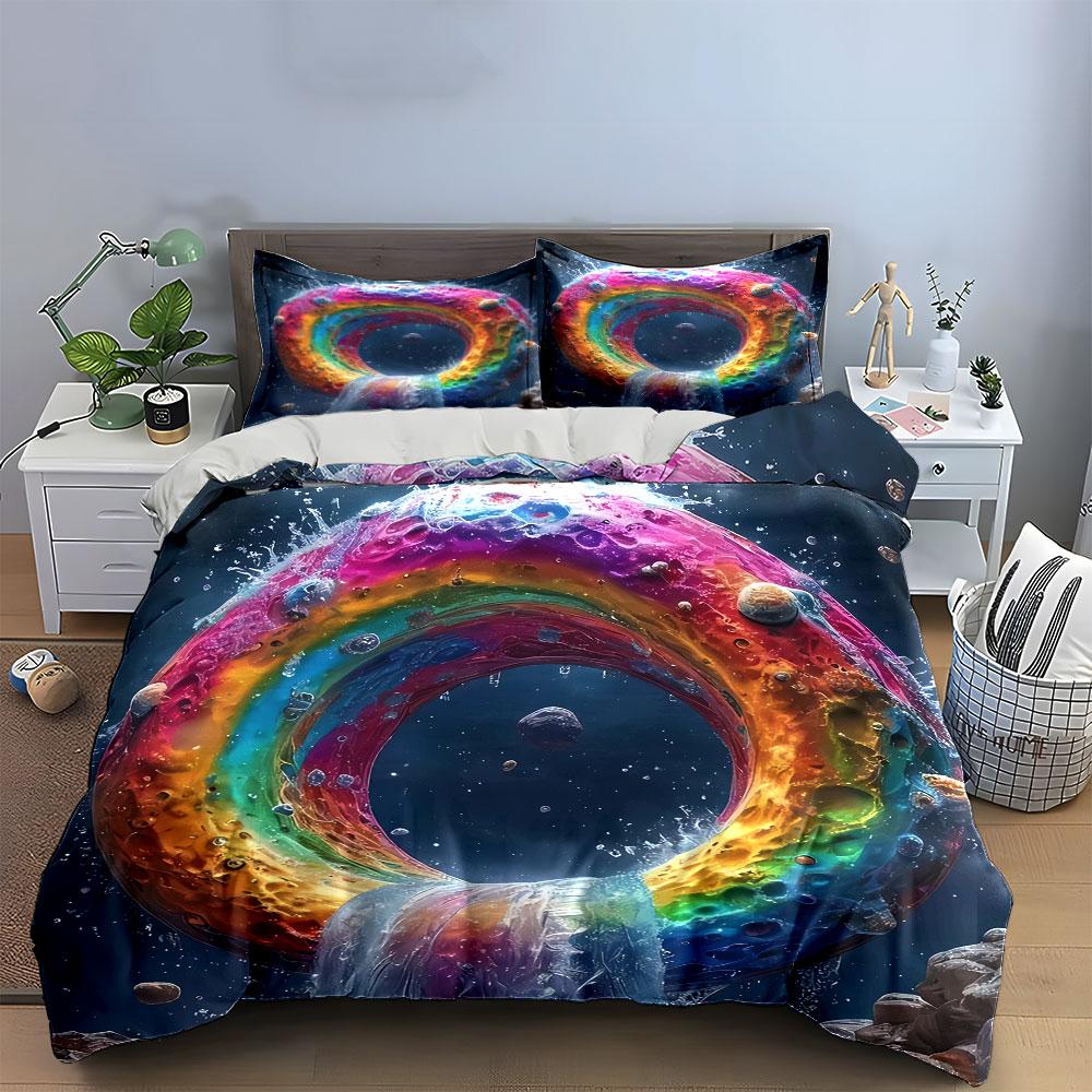 Colorful Space-Themed Three-Piece Decor Soft Skin-Friendly Bedding Set Includes 1 Duvet Cover And 2 Pillowcase Gift