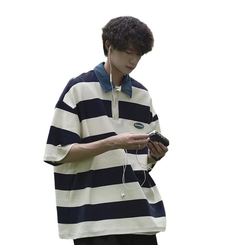 Koszulka polo w amerykańskim stylu retro w paski unisex – letni luźny krój, styl uniwersytecki, krótki rękaw dla modnych par