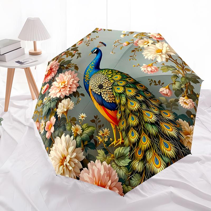 Peacock Theme Design Folding Umbrella-Fashionable Auto-Open Design 8 Iron Ribs Plastic Handle Foldable Sunshade,Perfect Gifts
