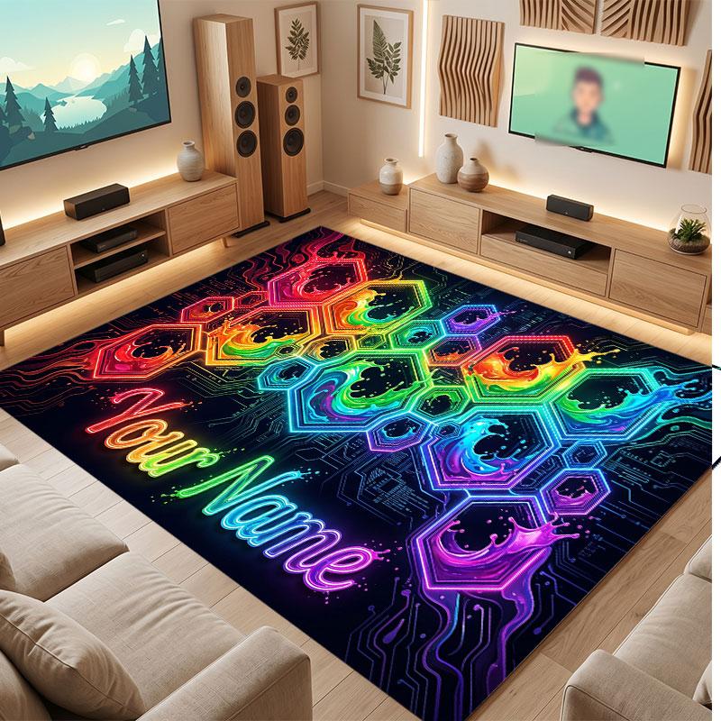 City Cyberpunk Theme Crystal Velvet Floor Rug Personalized Custom Name Text Warm Carpet Home Decoration