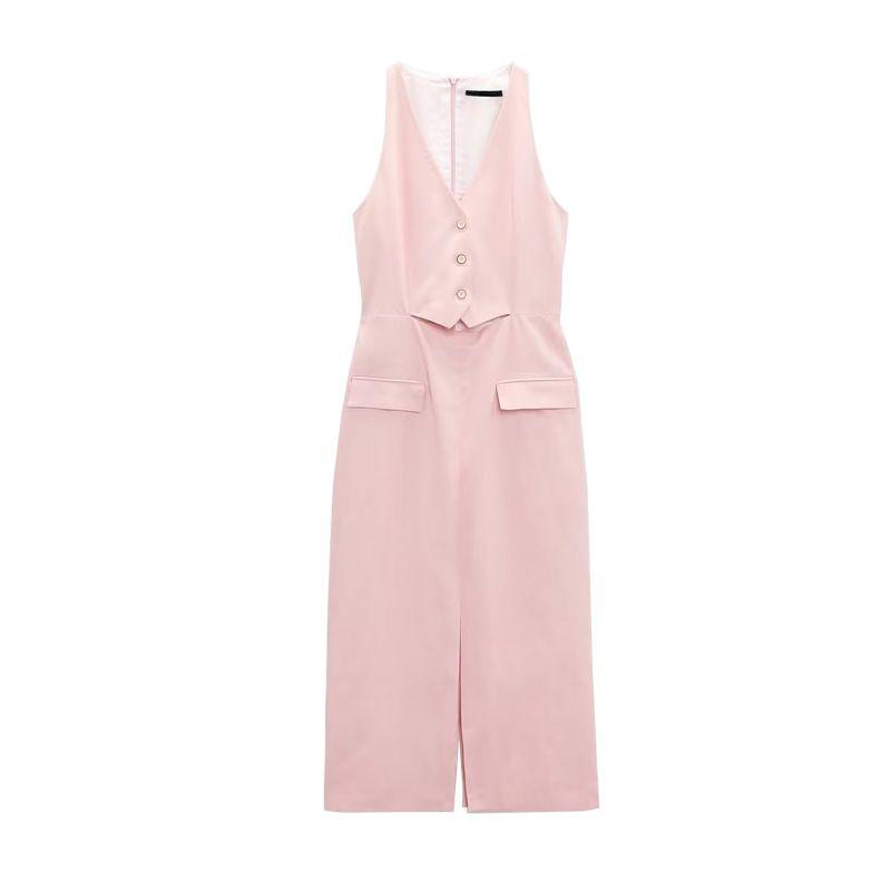 Spring New Shift Dress Long V Neck Sleeveless Split Design Linen Midi Skirt Dress 2309378