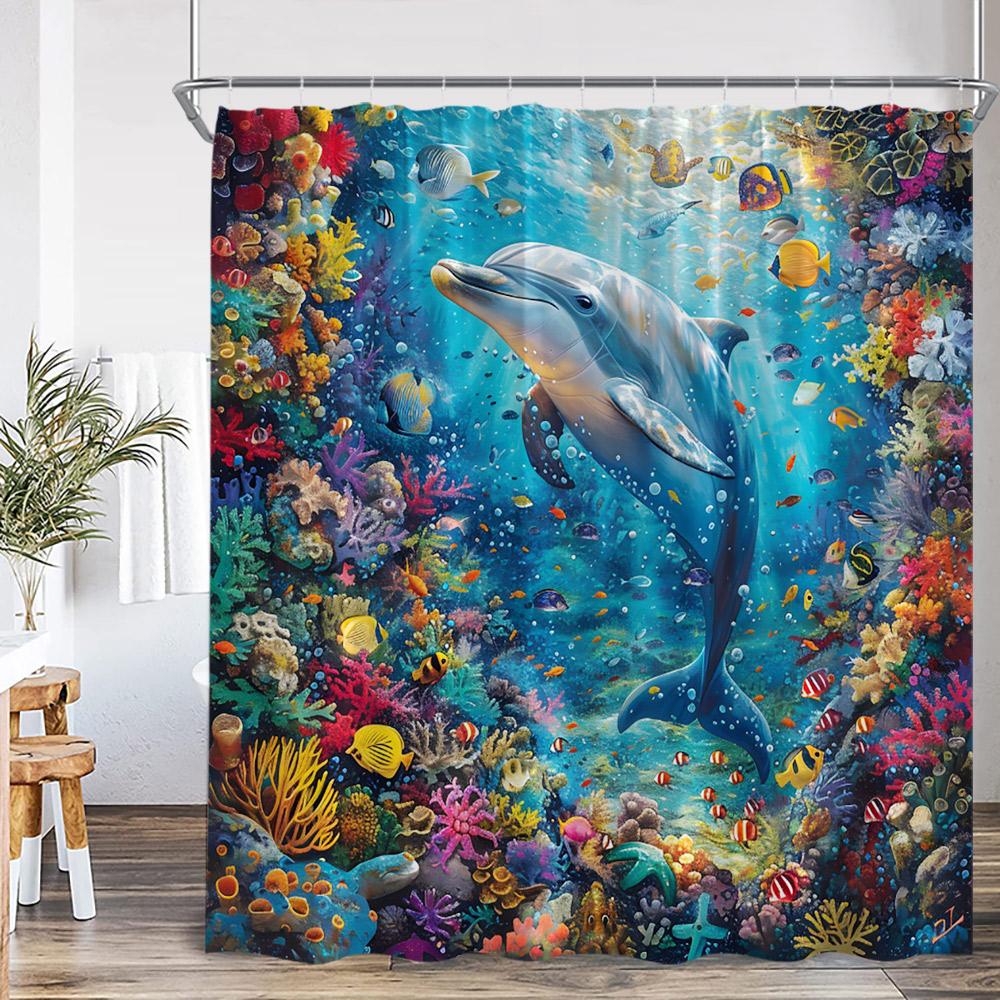 Ocean Animal Shower Curtain Blue Whale Dolphin Seahorse Marine Life Nature Bathroom Decor Sea Poltester Bath Curtain With Hooks