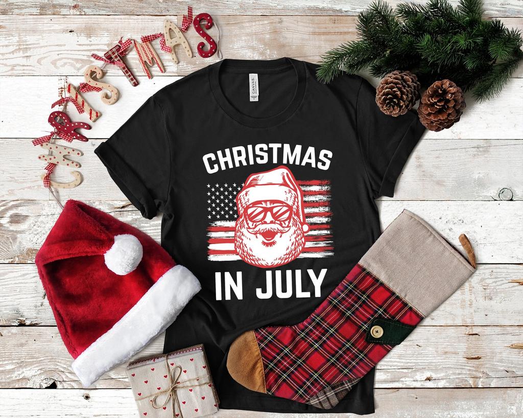 Christmas In July USA Flag Shirt, American Santa Xmas July Tank Top, T-Shirt, Womens Tee, T-shirt, T-shirt, Tank Top, Kids Tee, Toddler
