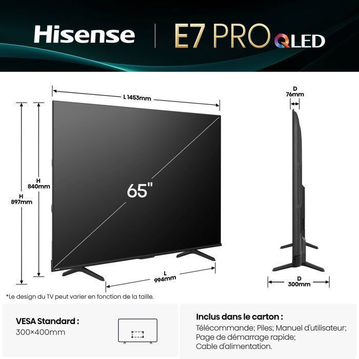 TV QLED 65" Hisense 65E7Q Pro 4K UHD 144Hz Noir Smart TV Dolby Atmos