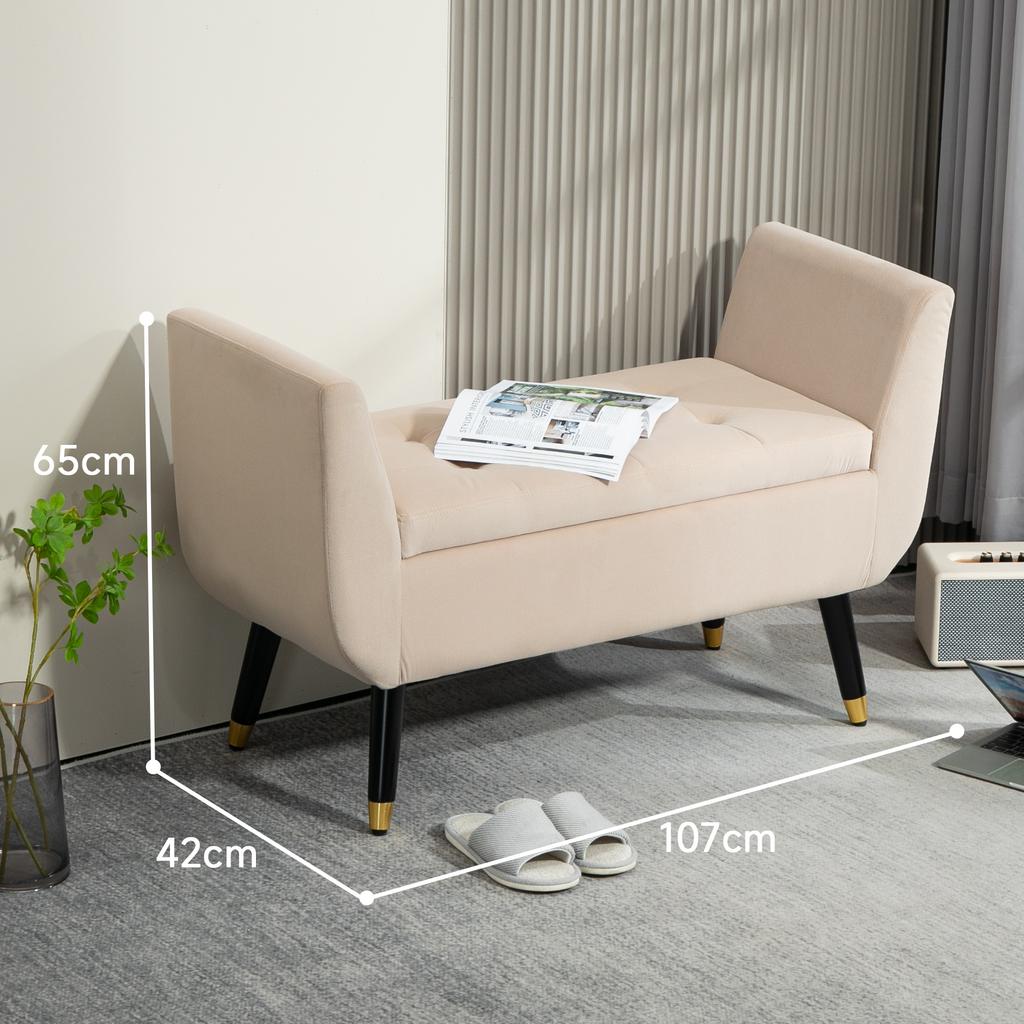 Gepolsterte Bank mit Stauraum, Armlehnen, Samtähnliches Polyester, Kautschukholz, 107 x 42 x 65 cm, Beige