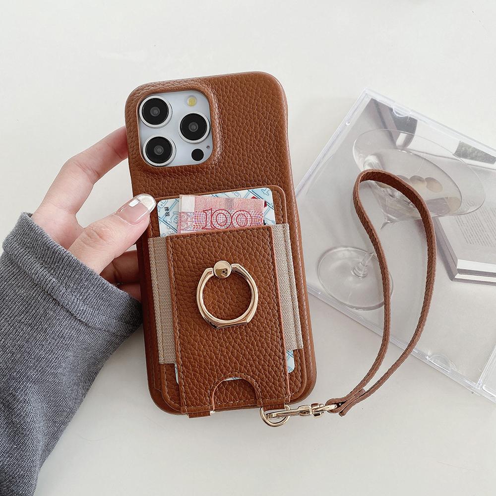 For iPhone 16 Pro Max Case Card Slots Kickstand PU Leather Back Cover with Ring Holder,Wrist Strap