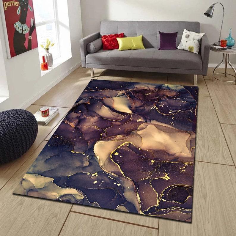 Purple Dark Blue Gold Marble Area Rug Contemporary Shimmery Design Alcohol Ink Rug for Living Room Custom Home Decoration