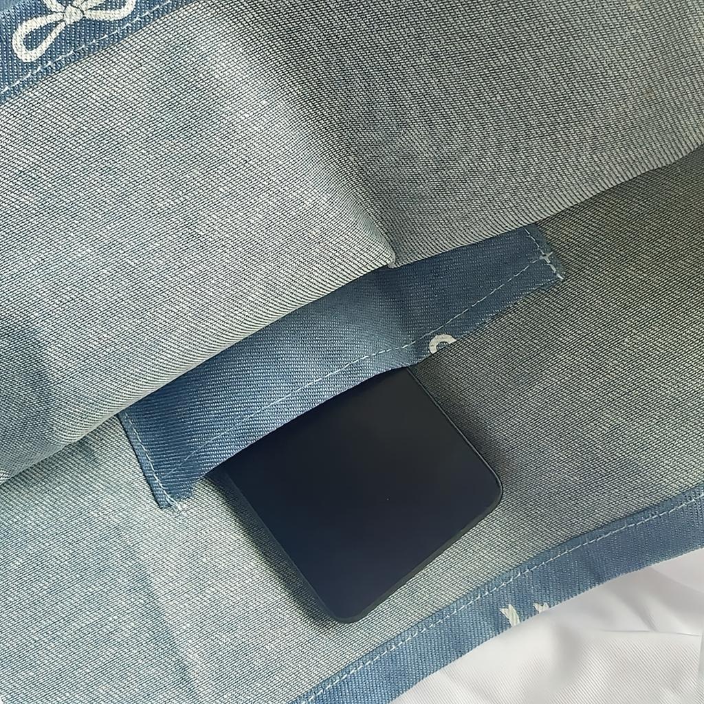 Stylish Blue Denim Bow Tote Bag – Versatile Shoulder Bag with White Stitched Bows, Perfect for Commuting, Travel, and Shopping, Hand Wash Only