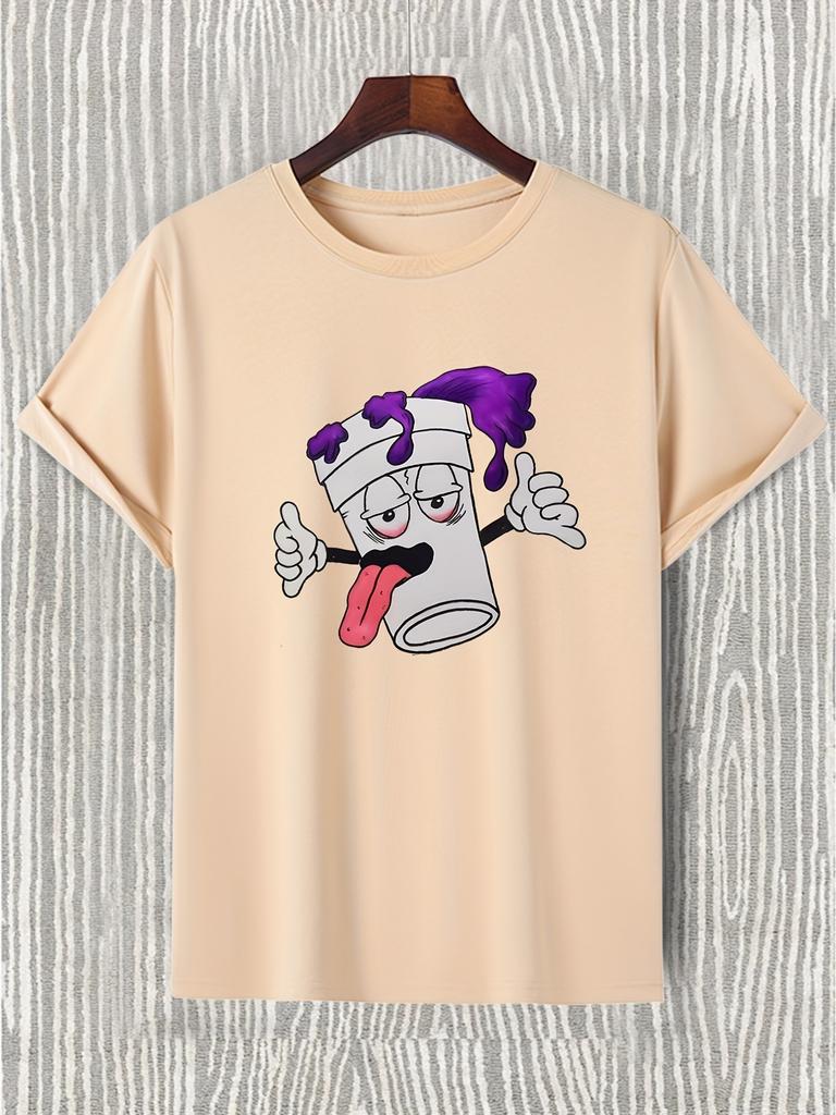 [Funny Cartoon Graphic Tee] Trendy Cartoon Graphic Print T-shirt - Men's Casual Funny Round Neck Tee For Summer