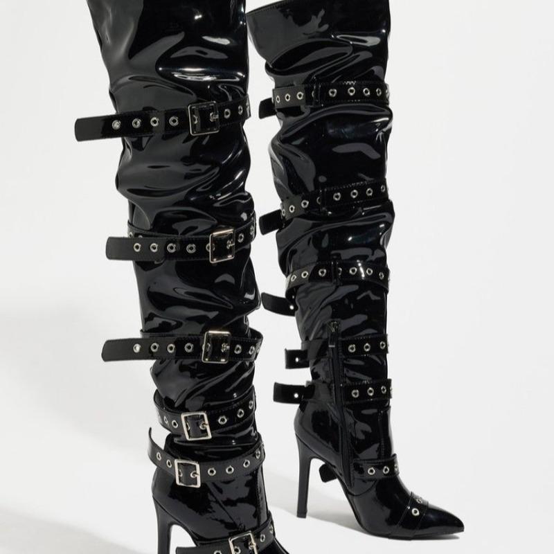2026 Plus Size Over-the-Knee Boots Tall Boots Pointed Toe Studded Belt Buckle Stiletto Heel Thigh Knight Boots