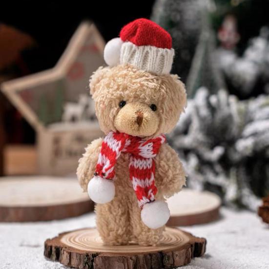 Plyšový medvídek Vánoční dekorace Malý plyšový medvídek s pletenou čepicí a šálou Roztomilá zvířátka Stolní ozdoba pro vánoční párty výslužky