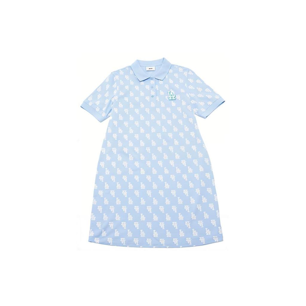MLB Los Angeles Dodgers SS24 All Over Print Polo Collar Straight Sports Short Sleeve Dress Women dresses Sky-Blue 3FOPM0143-07SBS