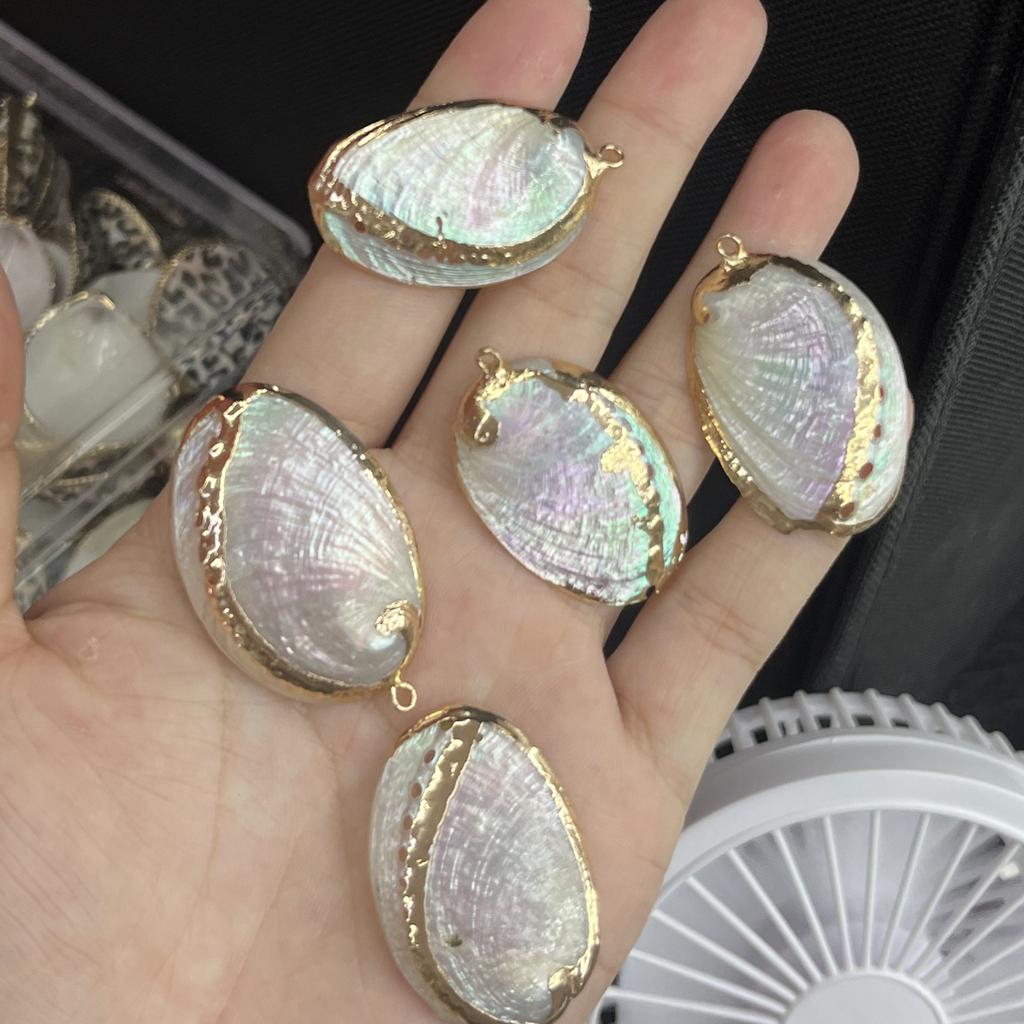 3Pcs, White Shell Zinc Alloy Pendant with Golden Edges, Boho Handmade Irregular Charms for Jewelry Making DIY Necklace Accessories, Unisex Crafts