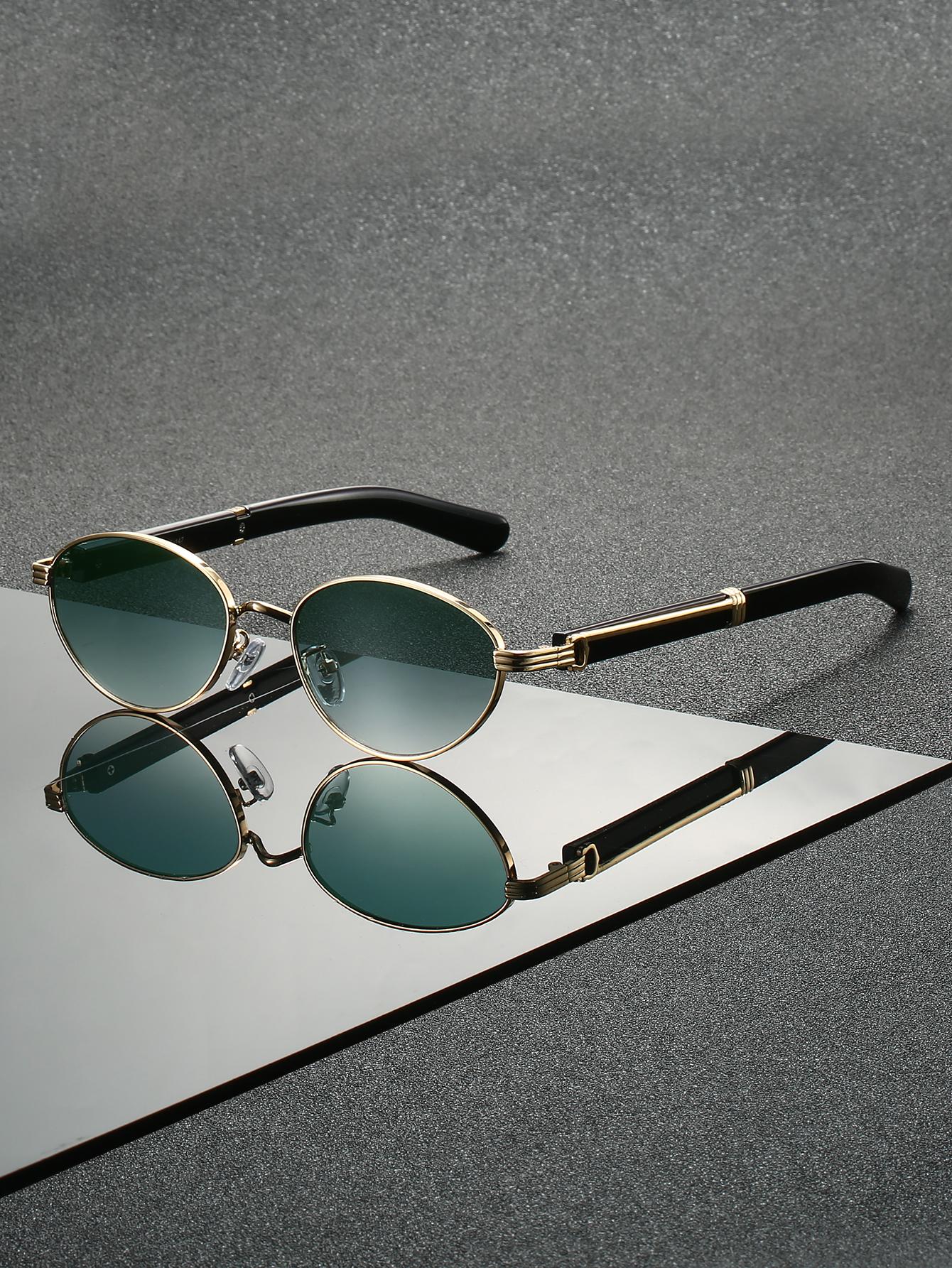 

1Pc Fashionable Casual Simple Stylish High-End Sunglasses Metal Oval Frame Glasses Driving Commute Holiday Travel Seaside Vacati