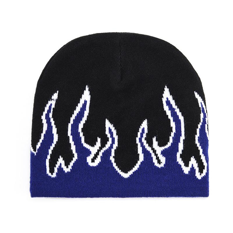 Neue Winter Outdoor Warme Strickmütze Flammenmuster Wollhut Street Totenkopfmütze Kältebeständige Baumwollmütze Hip-Hop Mützen black