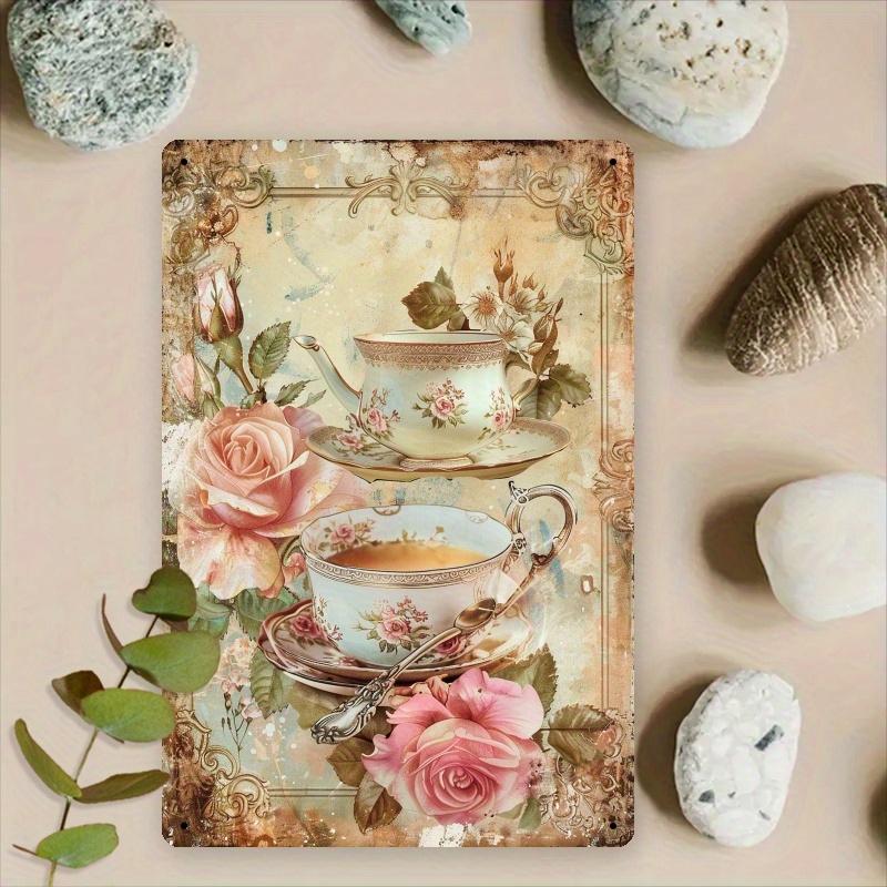 Vintage Tea Time Rustic Wall Art - 20.32x30.48 Cm Floral & Teacup Decorative Sign for Home, Cafe, Restaurant, Garden - Industria