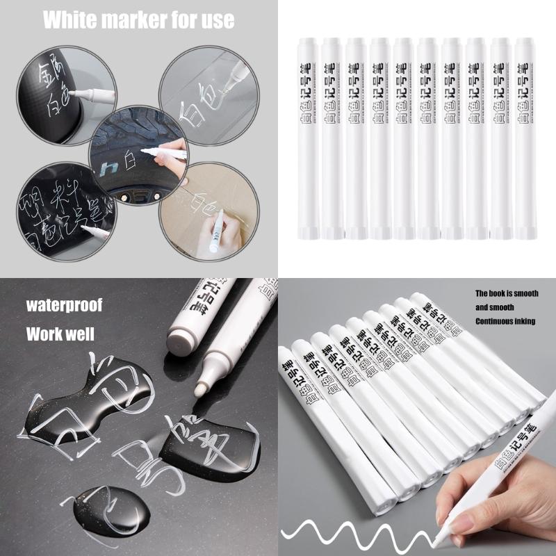 10x/Set Waterproof Marker Pens White Paint Marker Pens Quick-drying Markers Permanent Markers for School