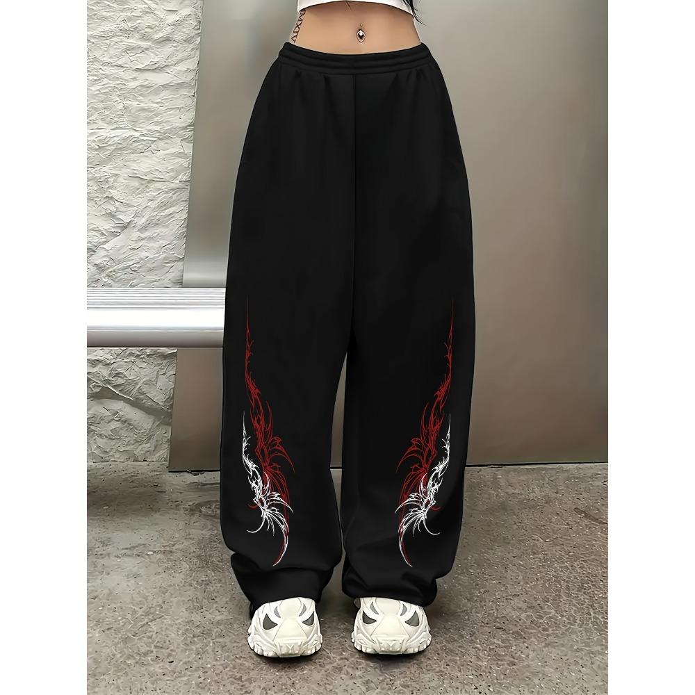 

Women s Black Flame Printed Jogging Pants, Drawstring Straight Leg Sports Pants, Casual Fitness Pants, Casual Wear, Bold Printing XXL