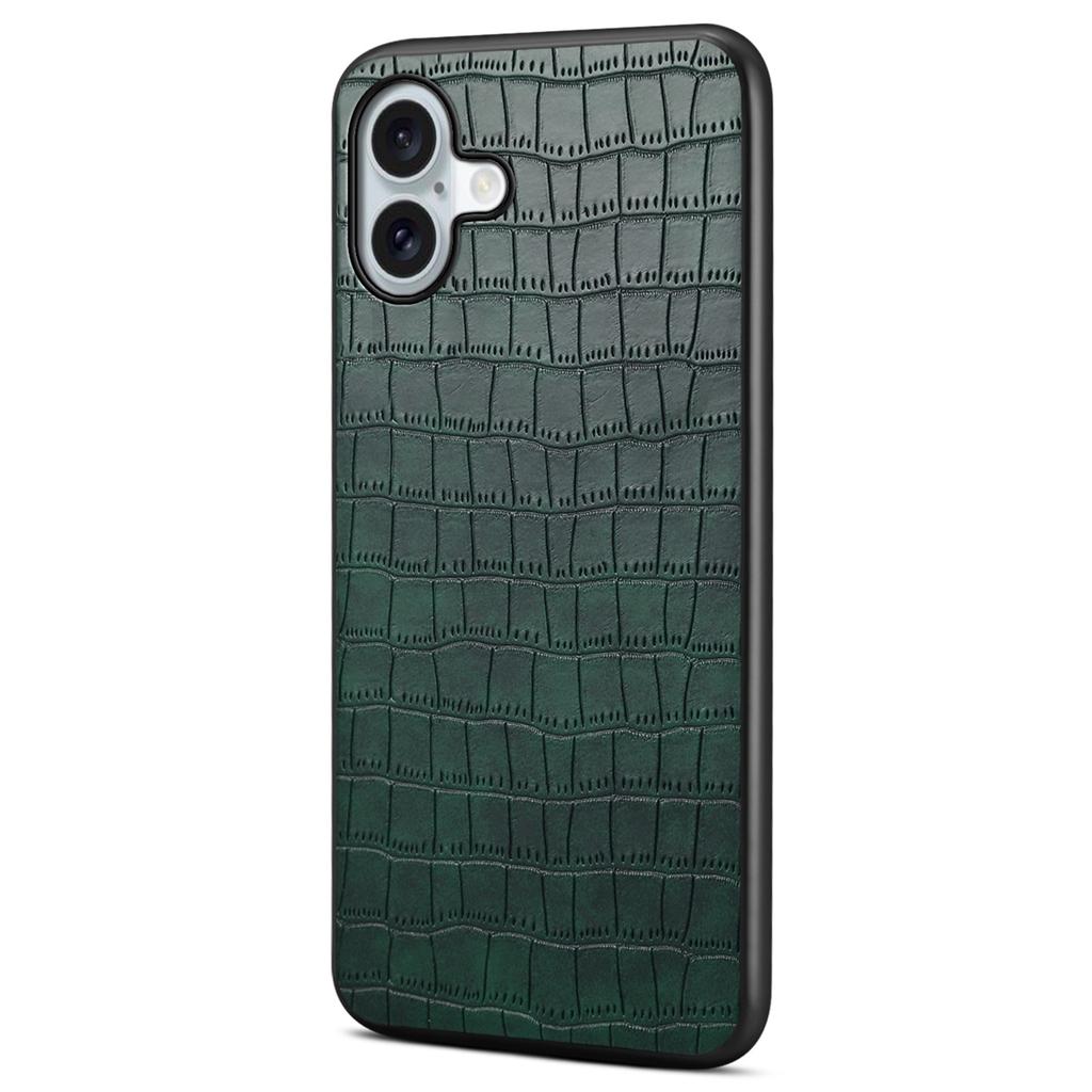 For iPhone 16 Plus Case Crocodile Texture Leather Coated PC+TPU Phone Cover