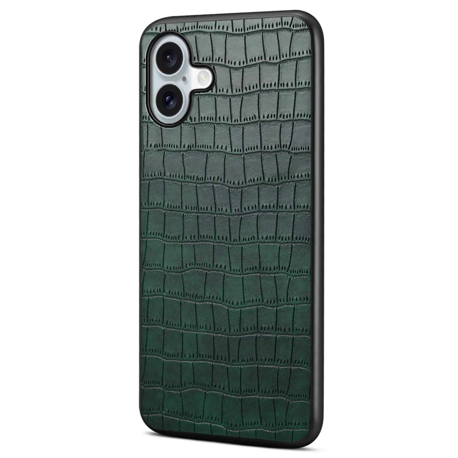 For iPhone 16 Plus Case Crocodile Texture Leather Coated PC+TPU Phone Cover A