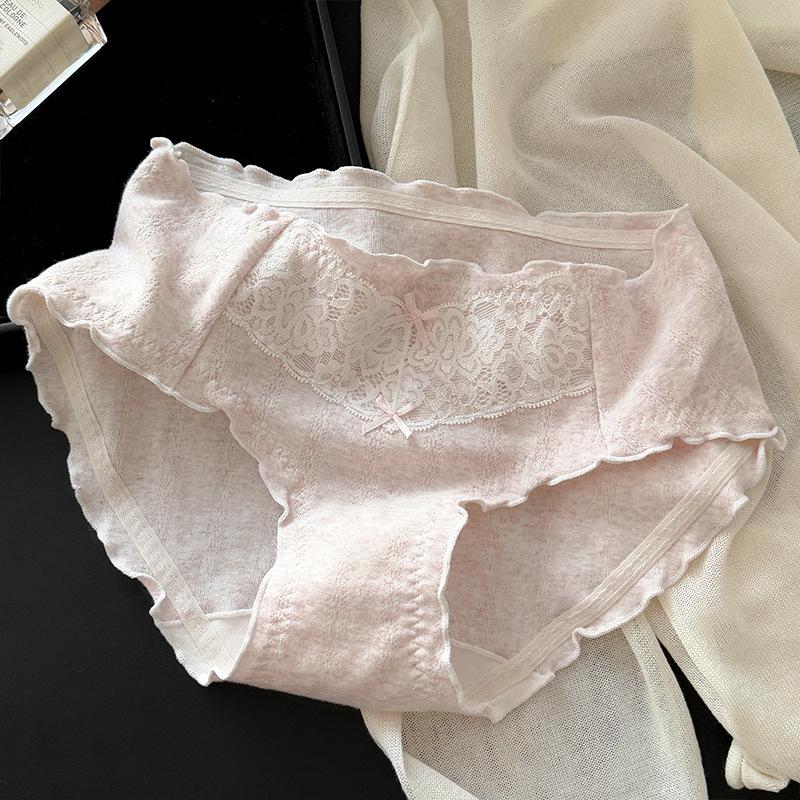 Women Pure Cotton Lace Mid Waist Antibacterial Solid Brief Underwear For Ladies
