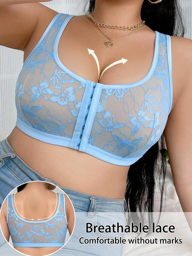 Plus Size Wireless Front Closure Bra for Women Floral Lace Adjustable Breathable Cutout Back Comfort Tank Intimates