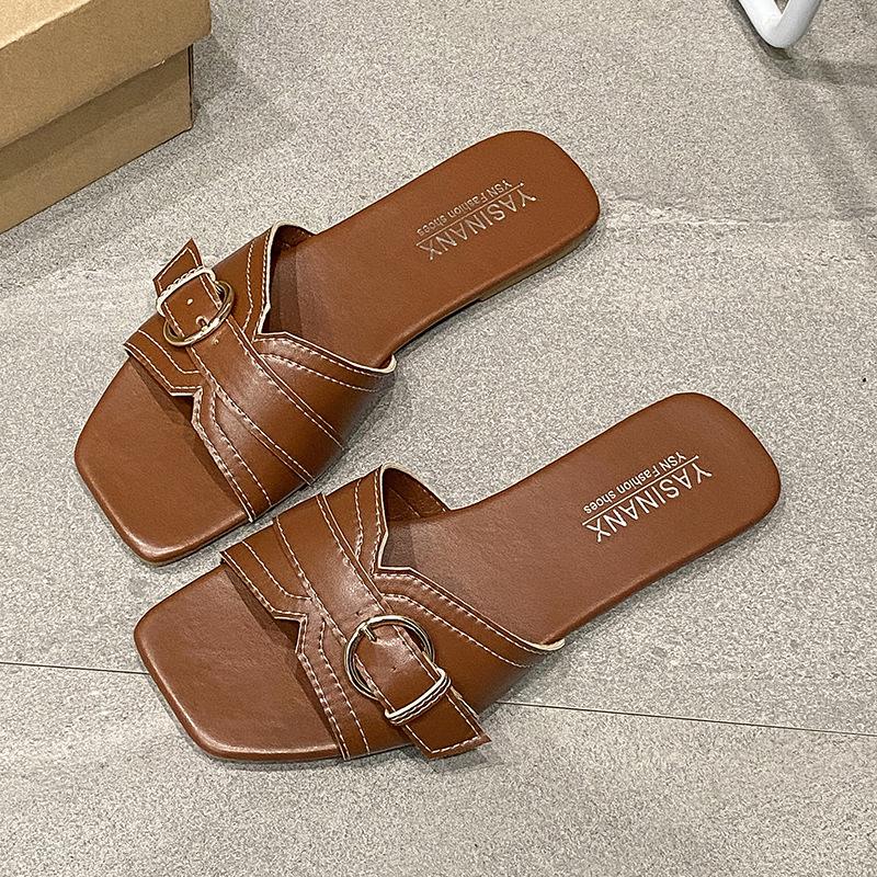 

2025 summer slippers women s outer wear niche diagonal cut square head bright line belt buckle flat bottom cool slippers versatile 43