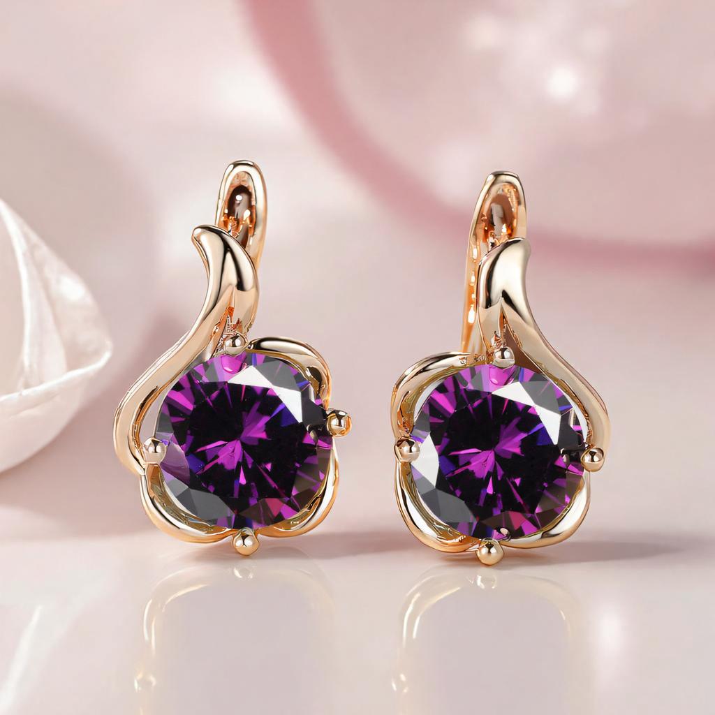 Female Crystal Round Red Green Purple Zircon Stone Flower Hoop Earrings Charm Rose Gold Color Wedding Jewelry Earrings For Women