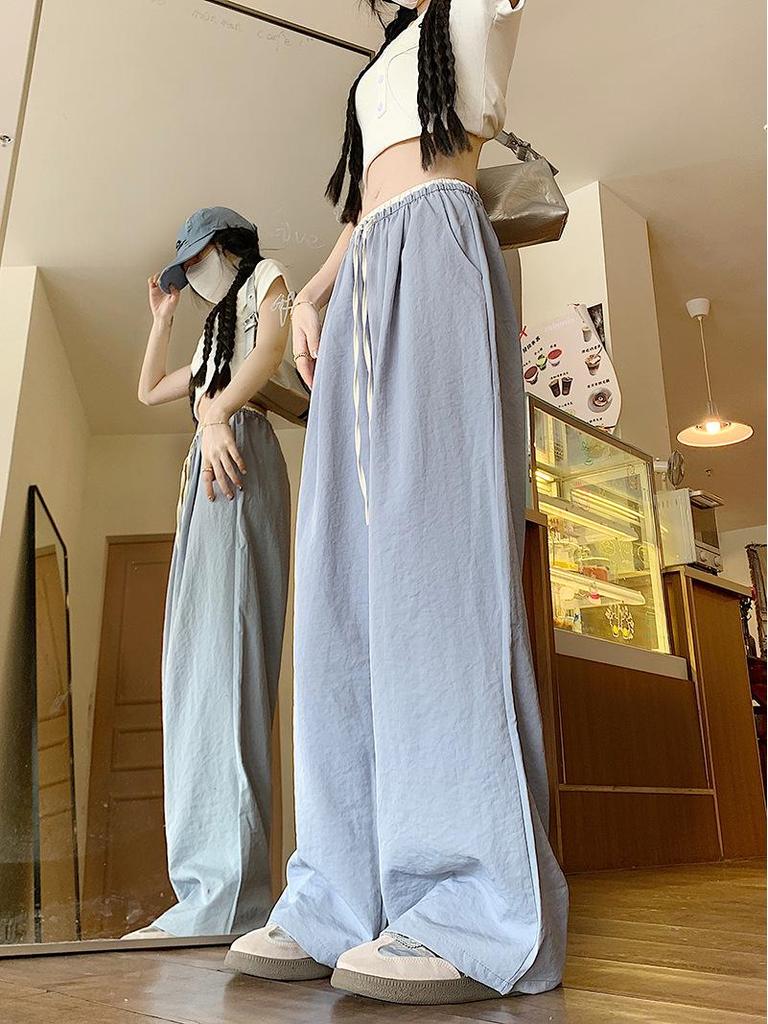 Korean Retro Colorblock Ice Silk Wide-Leg Summer Pants for Women